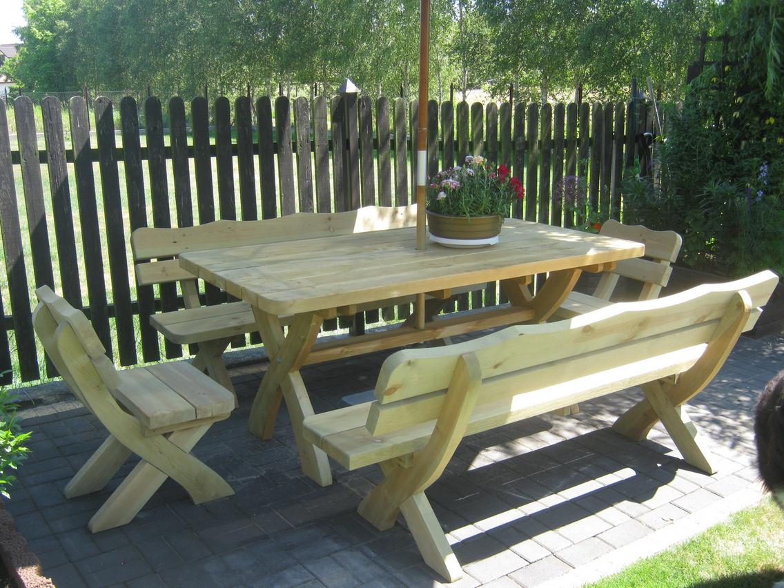 Gartenmöbel OI 2 + 2, Holzgartenmöbel, Tisch 180cm + 2 x Bank + 2 x Stuhl