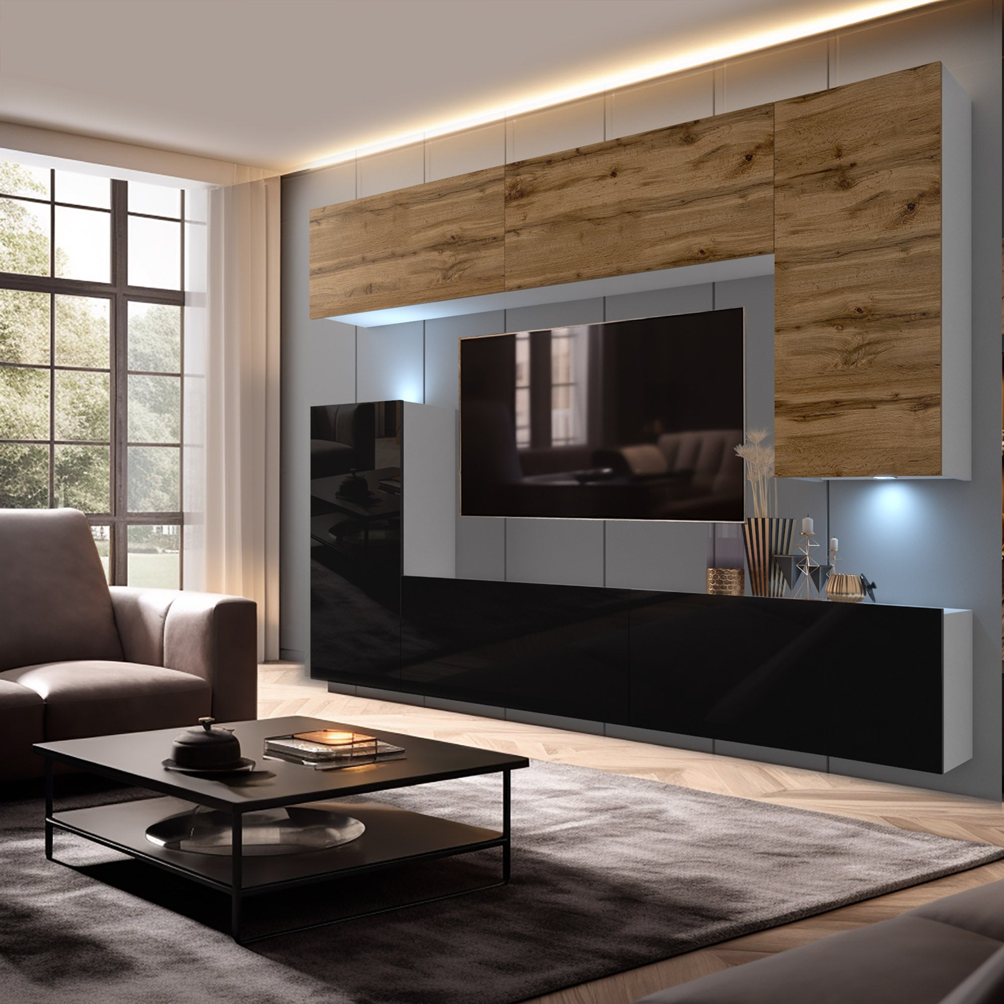 Wohnwand 8B/DW mit LED Beleuchtung, Ohne Griffe. Breite 250 cm, Front Farbe wählbar