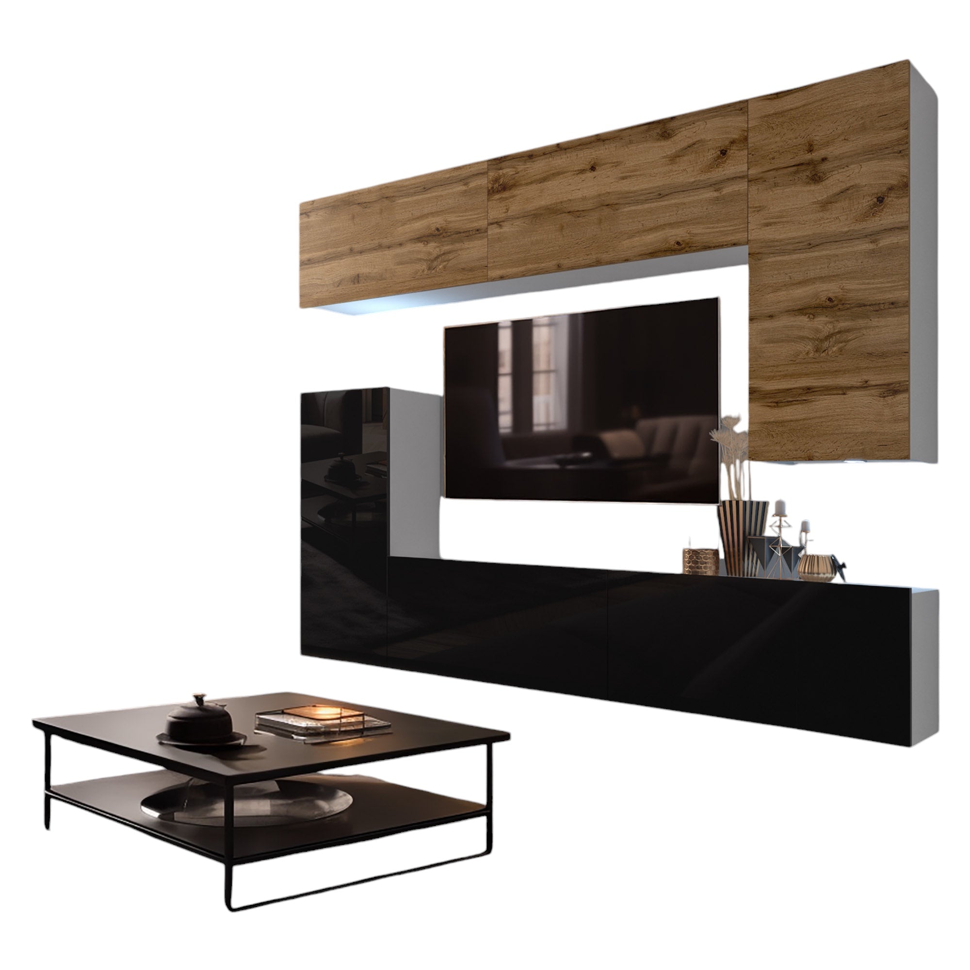 Wohnwand 8B/DW mit LED Beleuchtung, Ohne Griffe. Breite 250 cm, Front Farbe wählbar