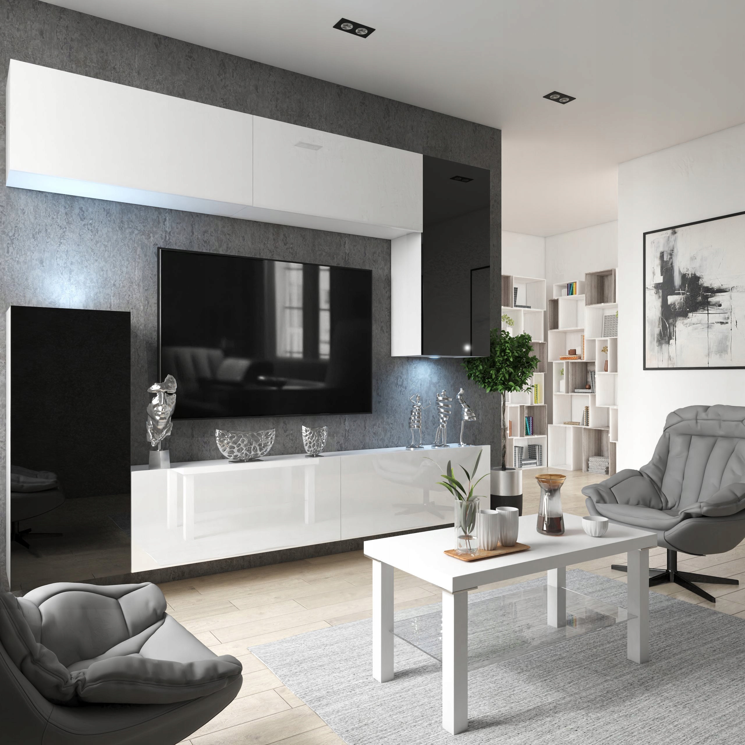 Wohnwand 8W/B mit LED Beleuchtung, Ohne Griffe. Breite 250 cm, Front Farbe wählbar