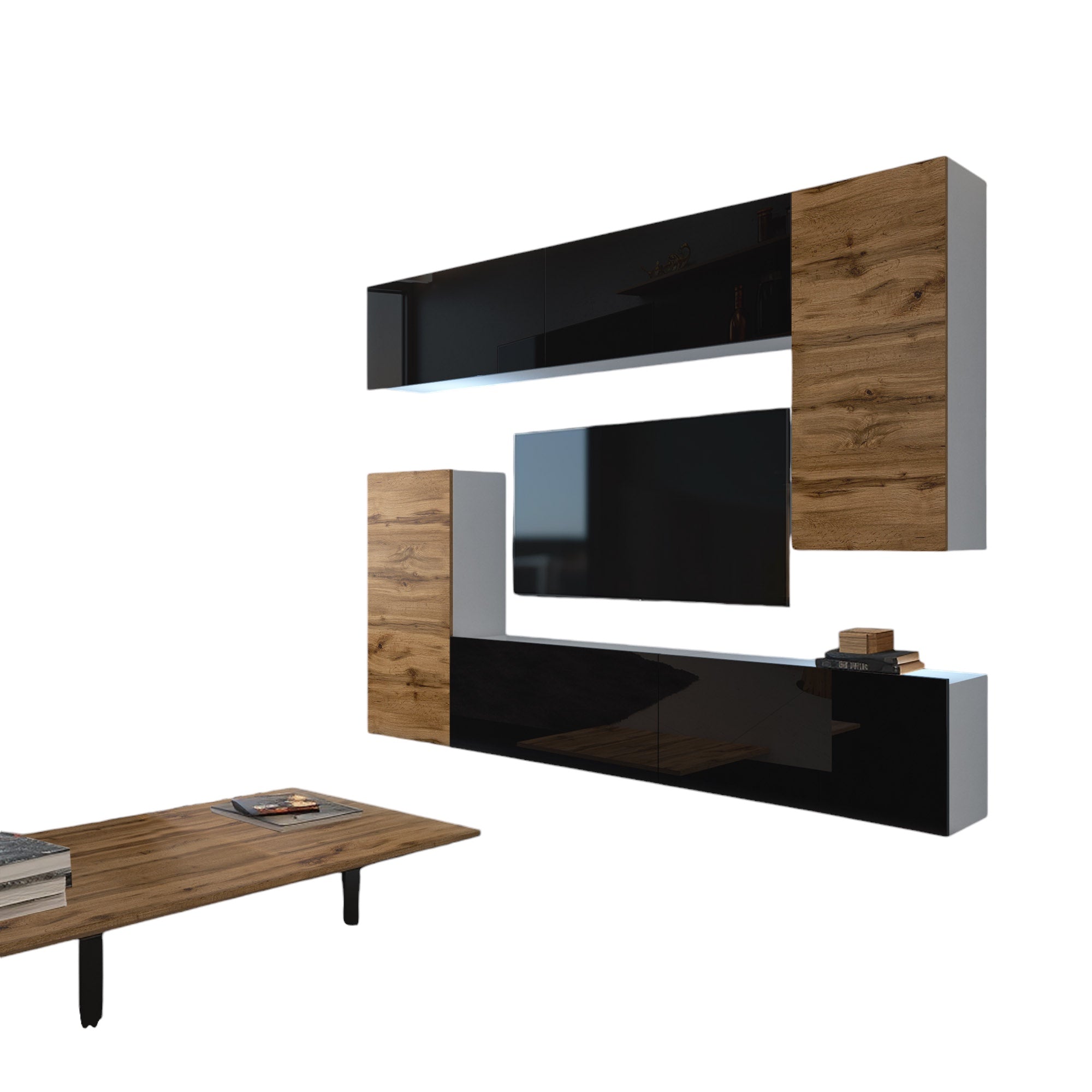 Wohnwand 8B/DW mit LED Beleuchtung, Ohne Griffe. Breite 250 cm, Front Farbe wählbar