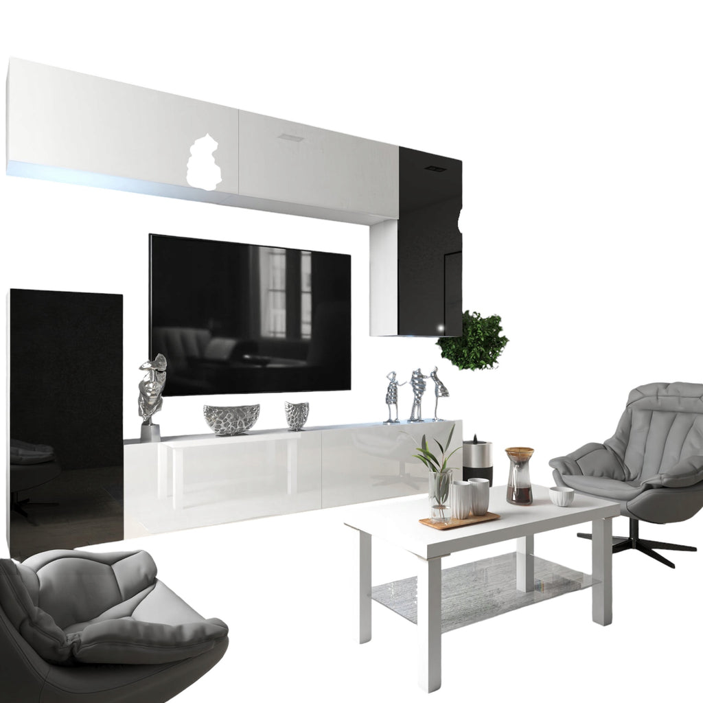 Wohnwand 8W/B mit LED Beleuchtung, Ohne Griffe. Breite 250 cm, Front Farbe wählbar