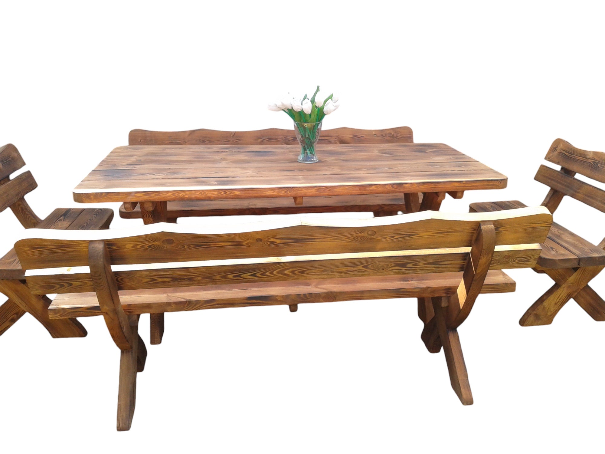 Gartenmöbel OC Holzgartenmöbel, Tisch + 2 Bänke + 2 kleine Bänke. Farbe geflammt