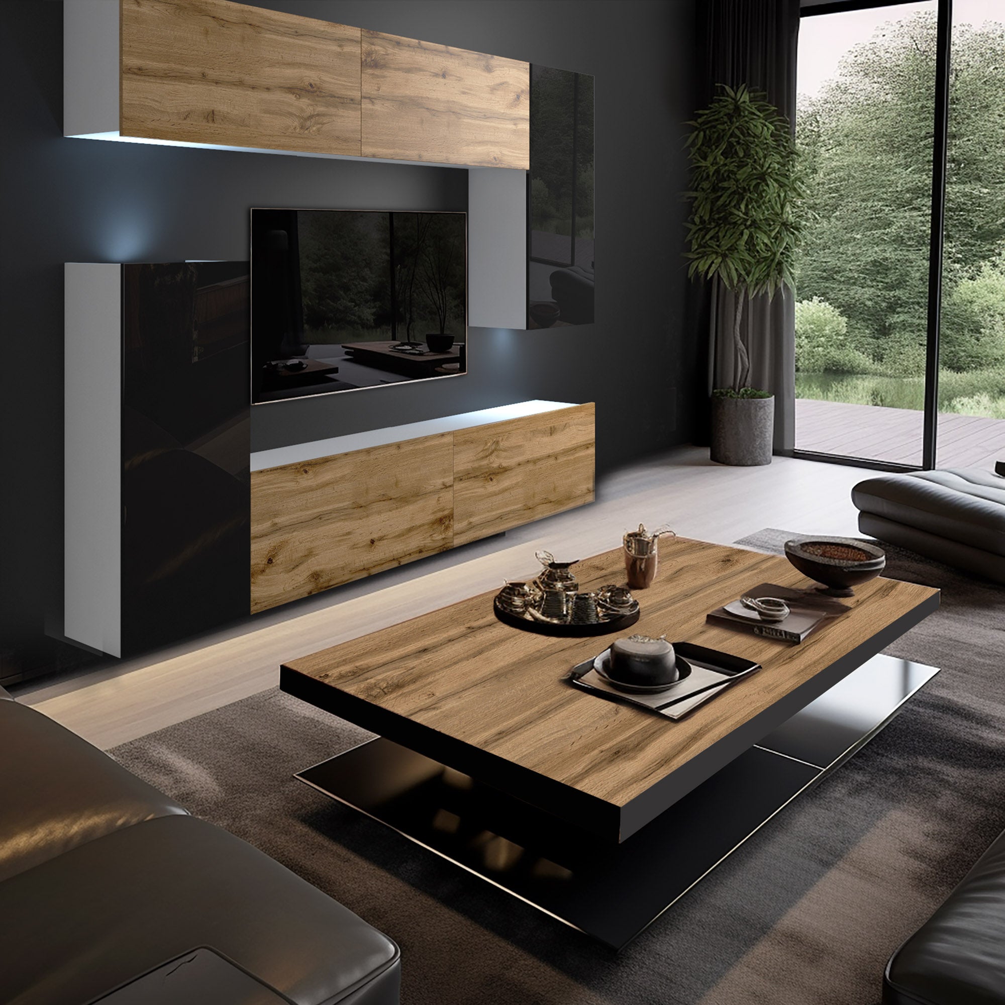 Wohnwand 8B/DW mit LED Beleuchtung, Ohne Griffe. Breite 250 cm, Front Farbe wählbar