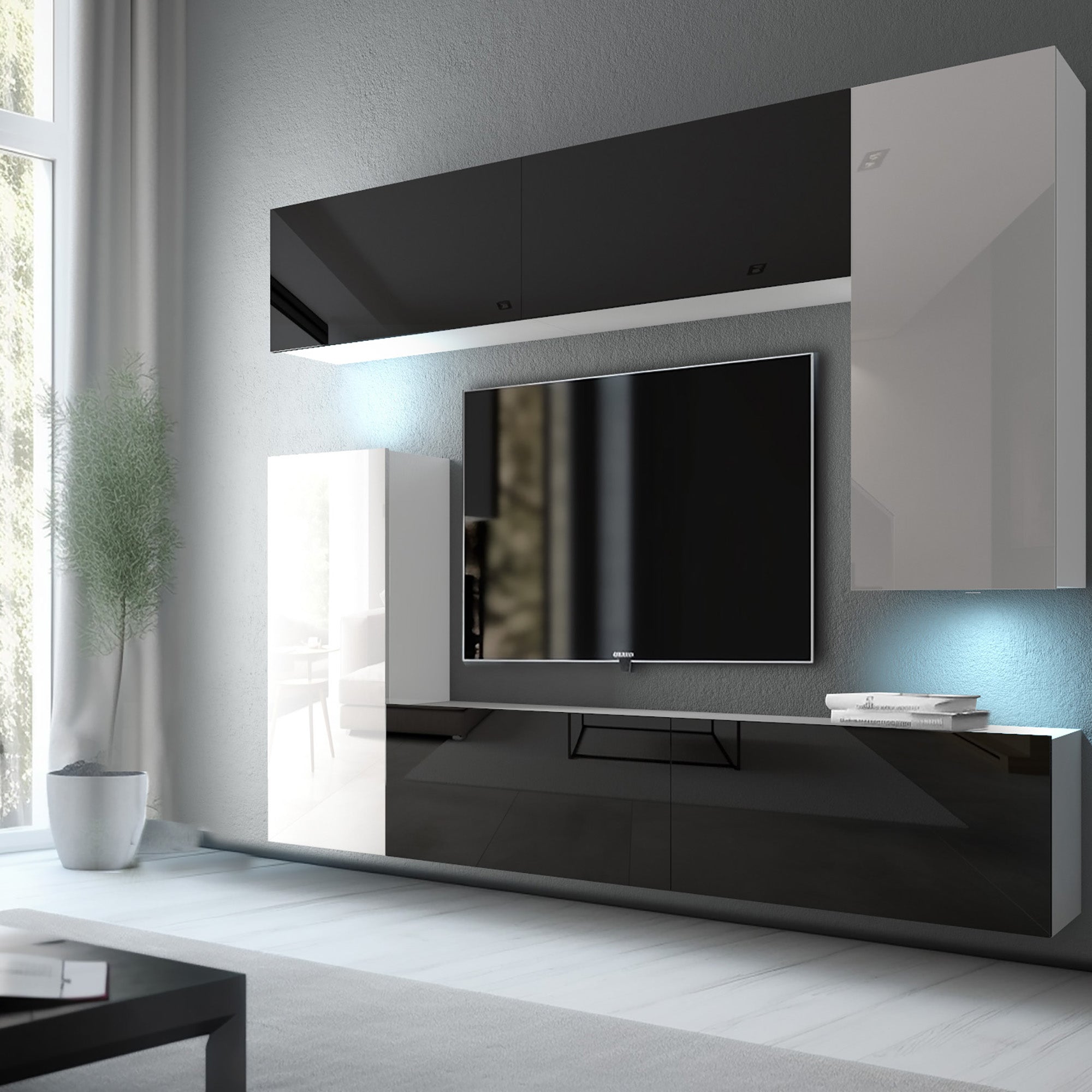 Wohnwand 8W/B mit LED Beleuchtung, Ohne Griffe. Breite 250 cm, Front Farbe wählbar