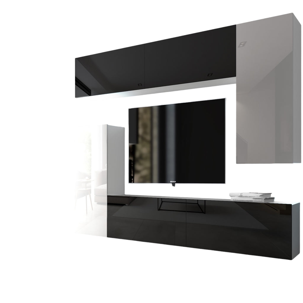 Wohnwand 8W/B mit LED Beleuchtung, Ohne Griffe. Breite 250 cm, Front Farbe wählbar