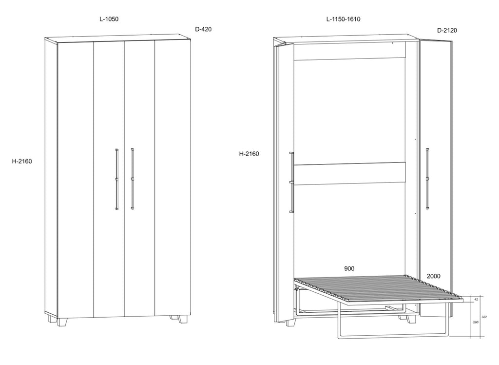 Schrankbett TED90 , Schlaffläche 90x200 cm , Farbe wählbar