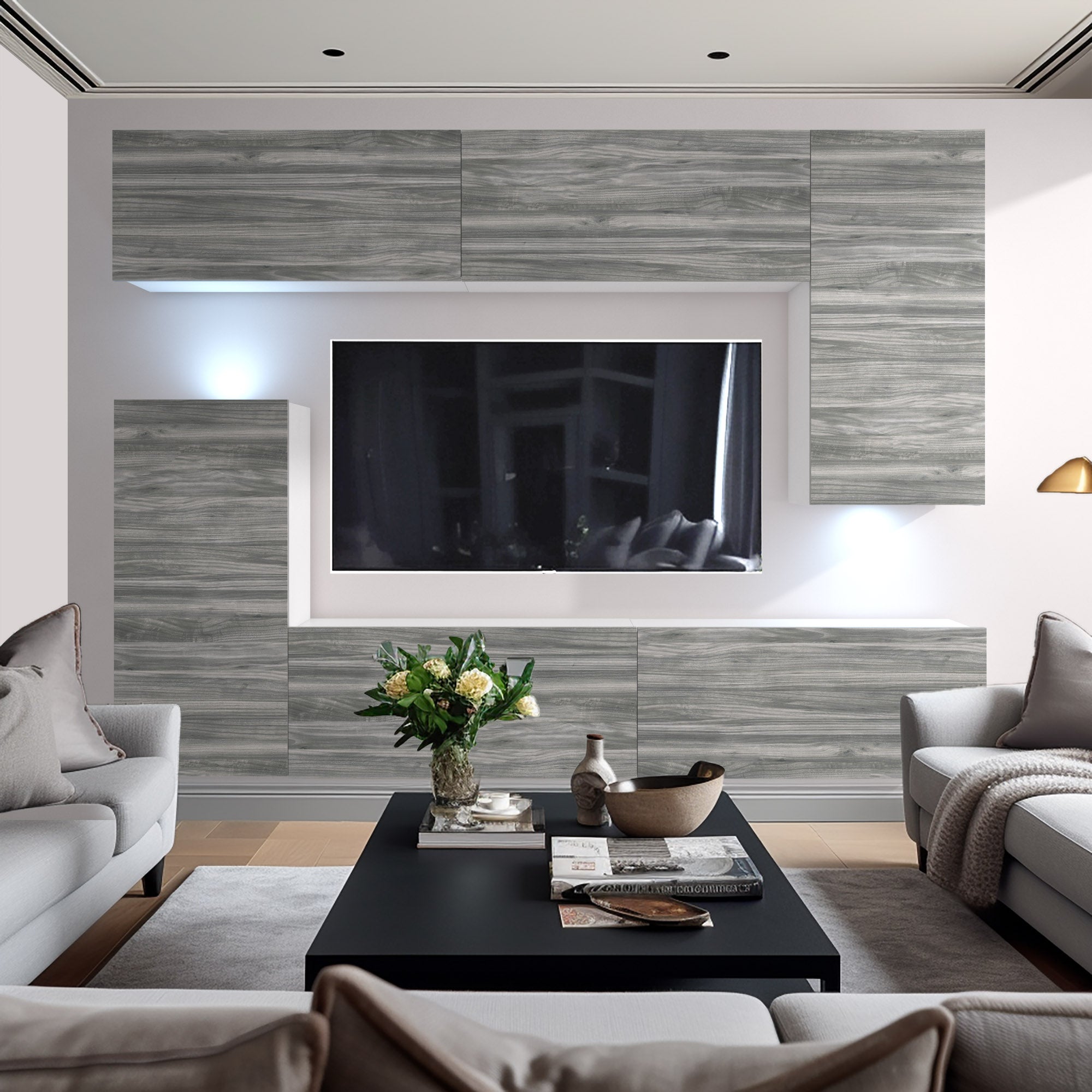 Wohnwand 8W/GW mit LED Beleuchtung, Ohne Griffe. Breite 250 cm, Front Farbe wählbar