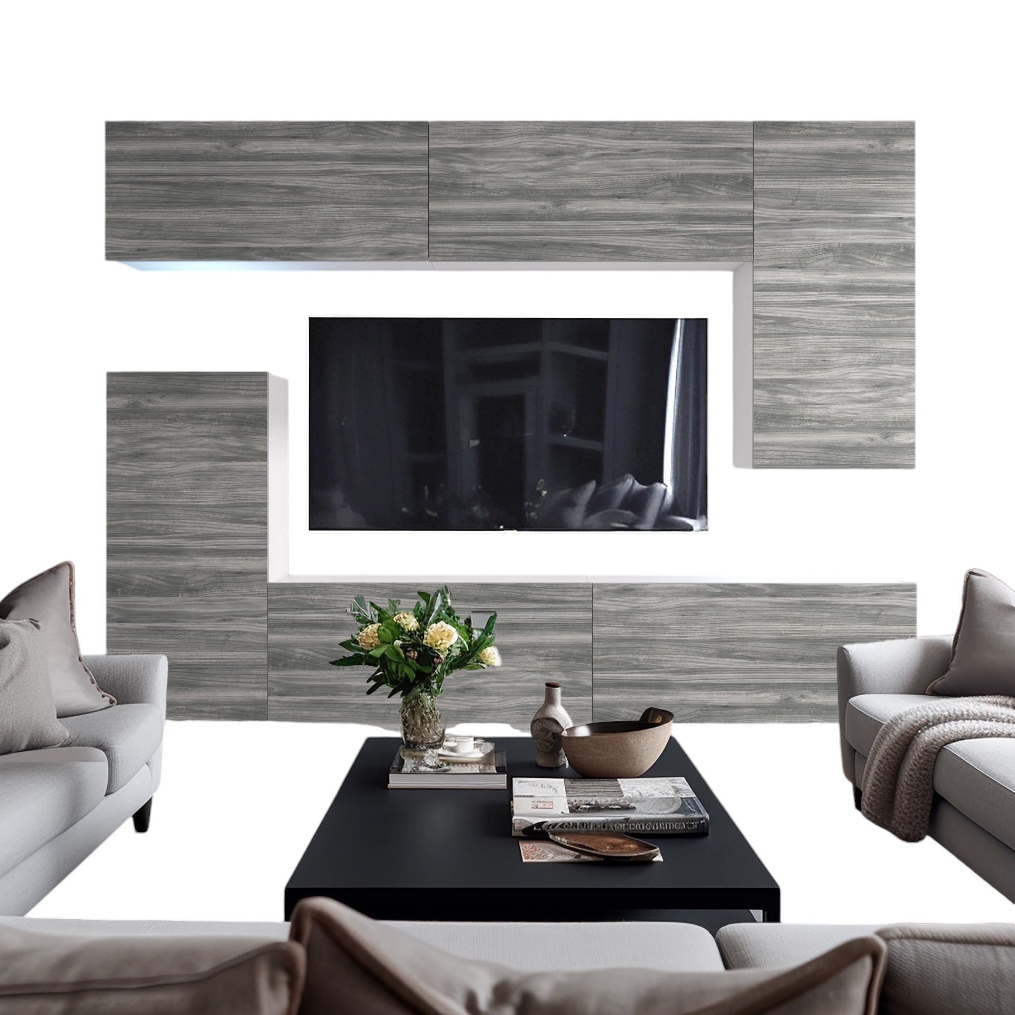 Wohnwand 8W/GW mit LED Beleuchtung, Ohne Griffe. Breite 250 cm, Front Farbe wählbar