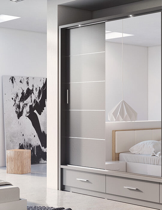Kleiderschrank A-01, mit Spiegel, LED-Beleuchtung und Schubladen. Farbe wählbar
