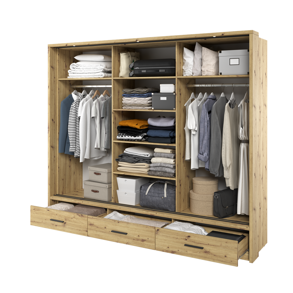 Kleiderschrank A-01-3S, mit Spiegel, LED-Beleuchtung und Schubladen. Farbe wählbar