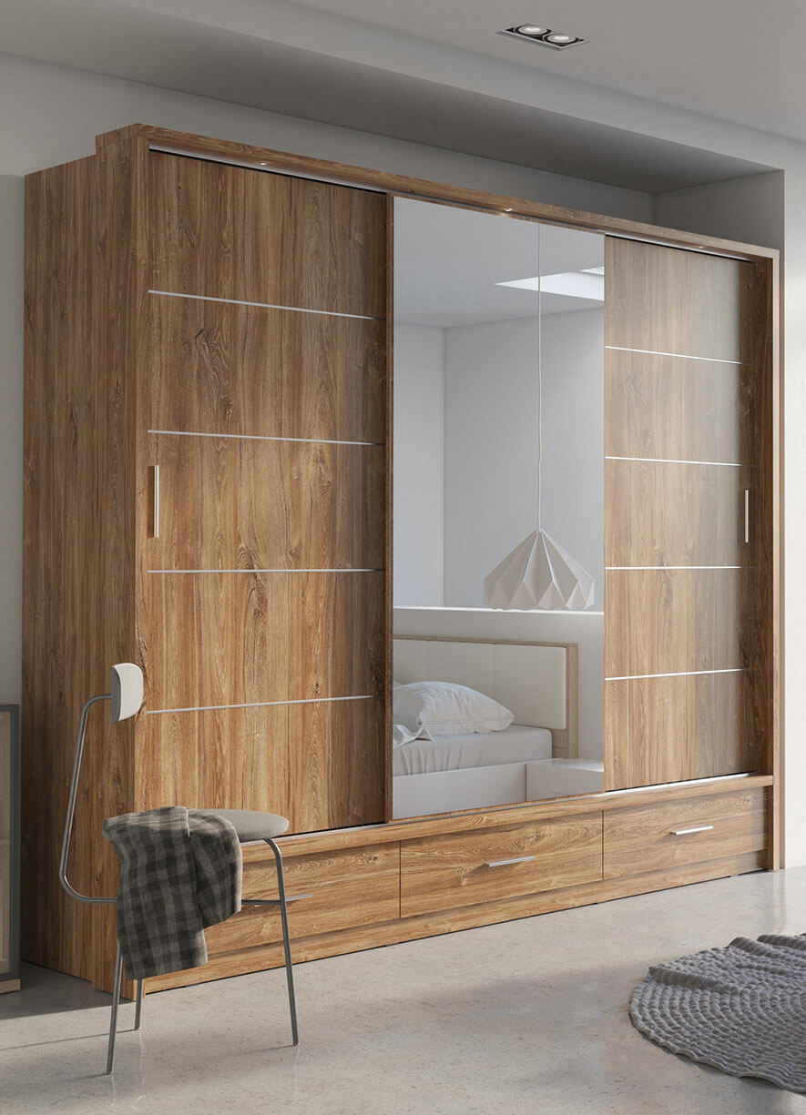 Kleiderschrank A-01, mit Spiegel, LED-Beleuchtung und Schubladen. Farbe wählbar