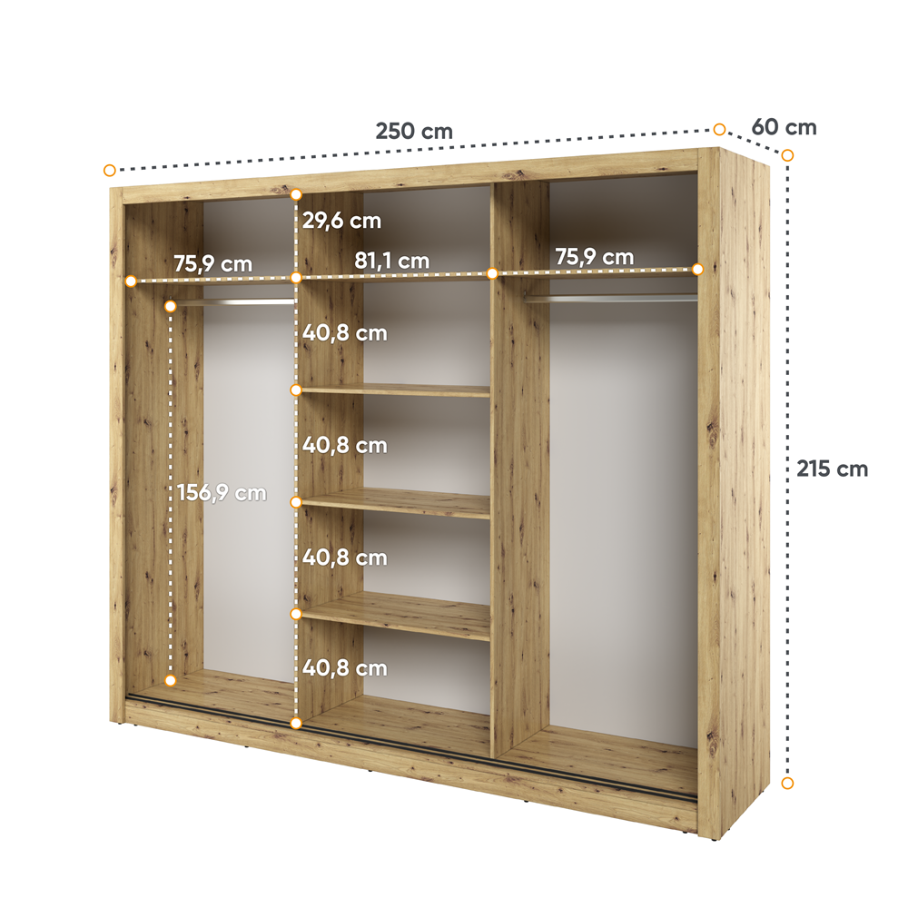 Kleiderschrank A-02, Schwebetürenschrank mit Spiegel. Breite 250 cm. Farbe wählbar
