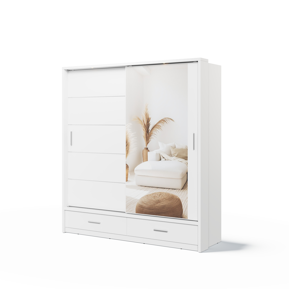 Kleiderschrank A-05, Schwebetürenschrank mit Spiegel, Schubladen , LED. Breite 200cm