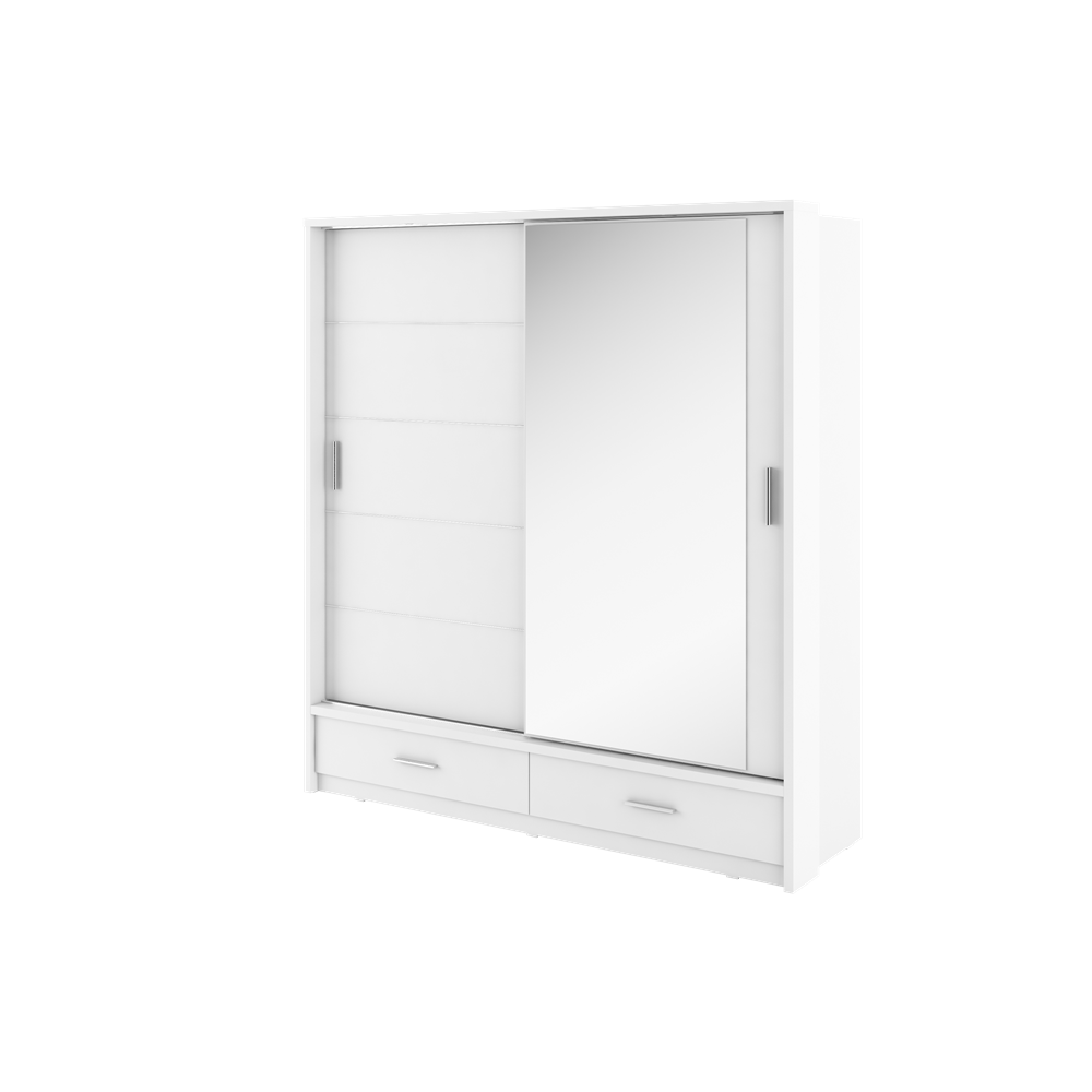 Kleiderschrank A-05, Schwebetürenschrank mit Spiegel, Schubladen , LED. Breite 200cm