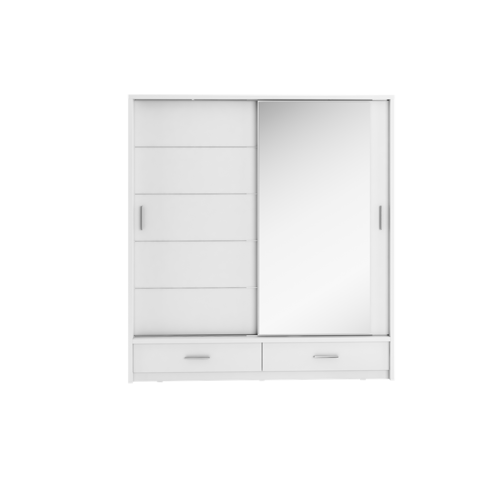 Kleiderschrank A-05, Schwebetürenschrank mit Spiegel, Schubladen , LED. Breite 200cm