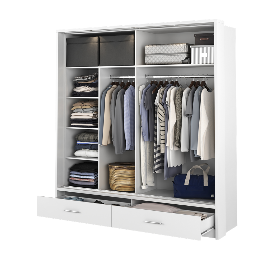 Kleiderschrank A-05, Schwebetürenschrank mit Spiegel, Schubladen , LED. Breite 200cm