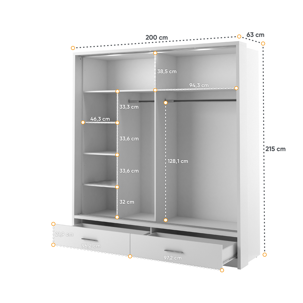 Kleiderschrank A-05, Schwebetürenschrank mit Spiegel, Schubladen , LED. Breite 200cm