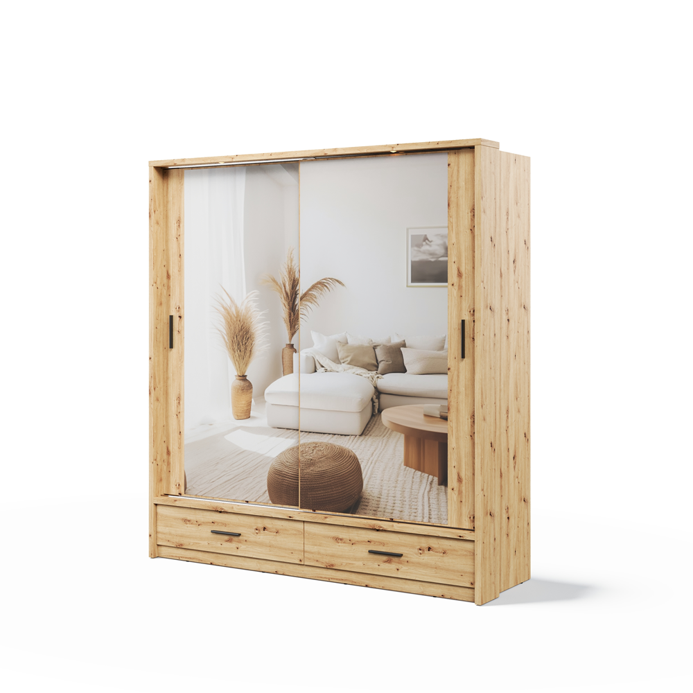 Kleiderschrank A-05-2S , mit Spiegel, Schubladen, LED. Breite 200cm. Farbe Artisan