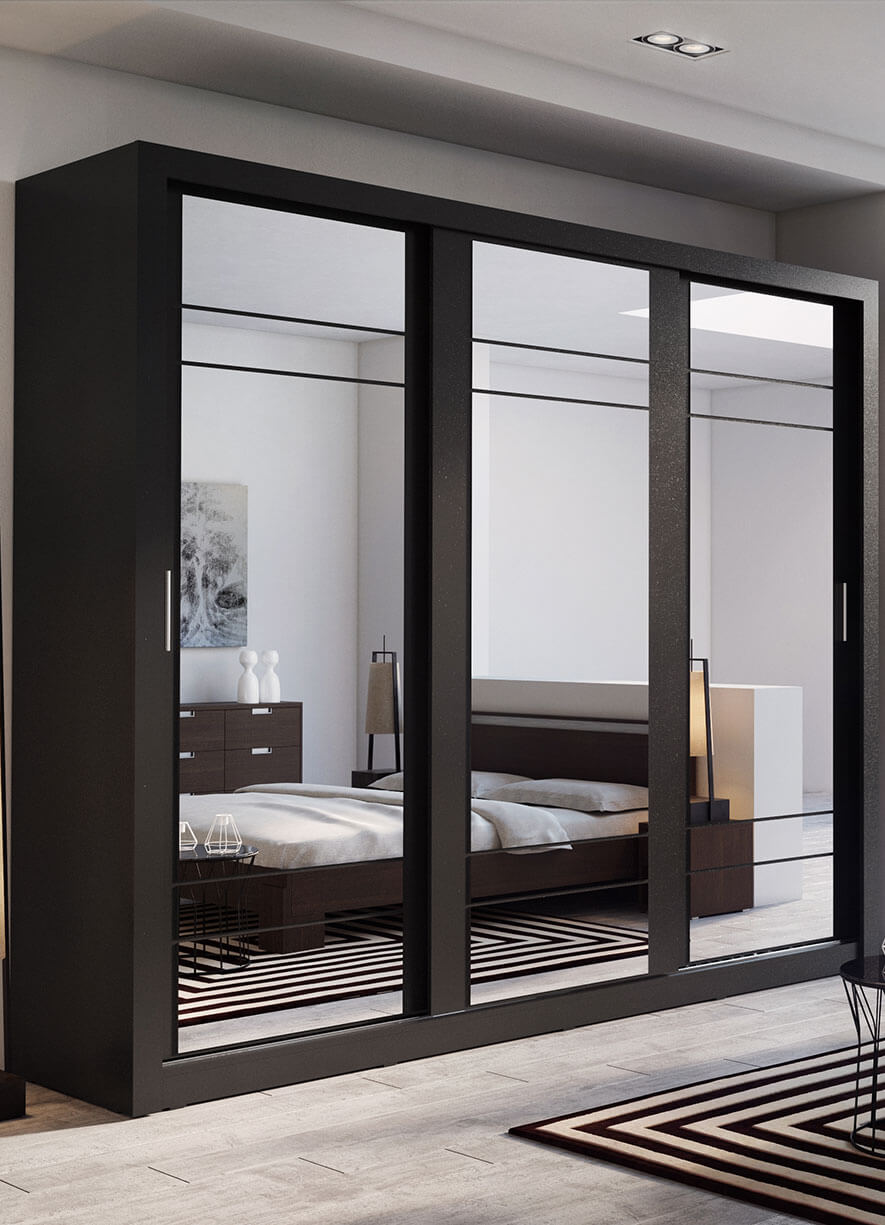 Kleiderschrank A-02, Schwebetürenschrank mit Spiegel. Breite 250 cm. Farbe wählbar