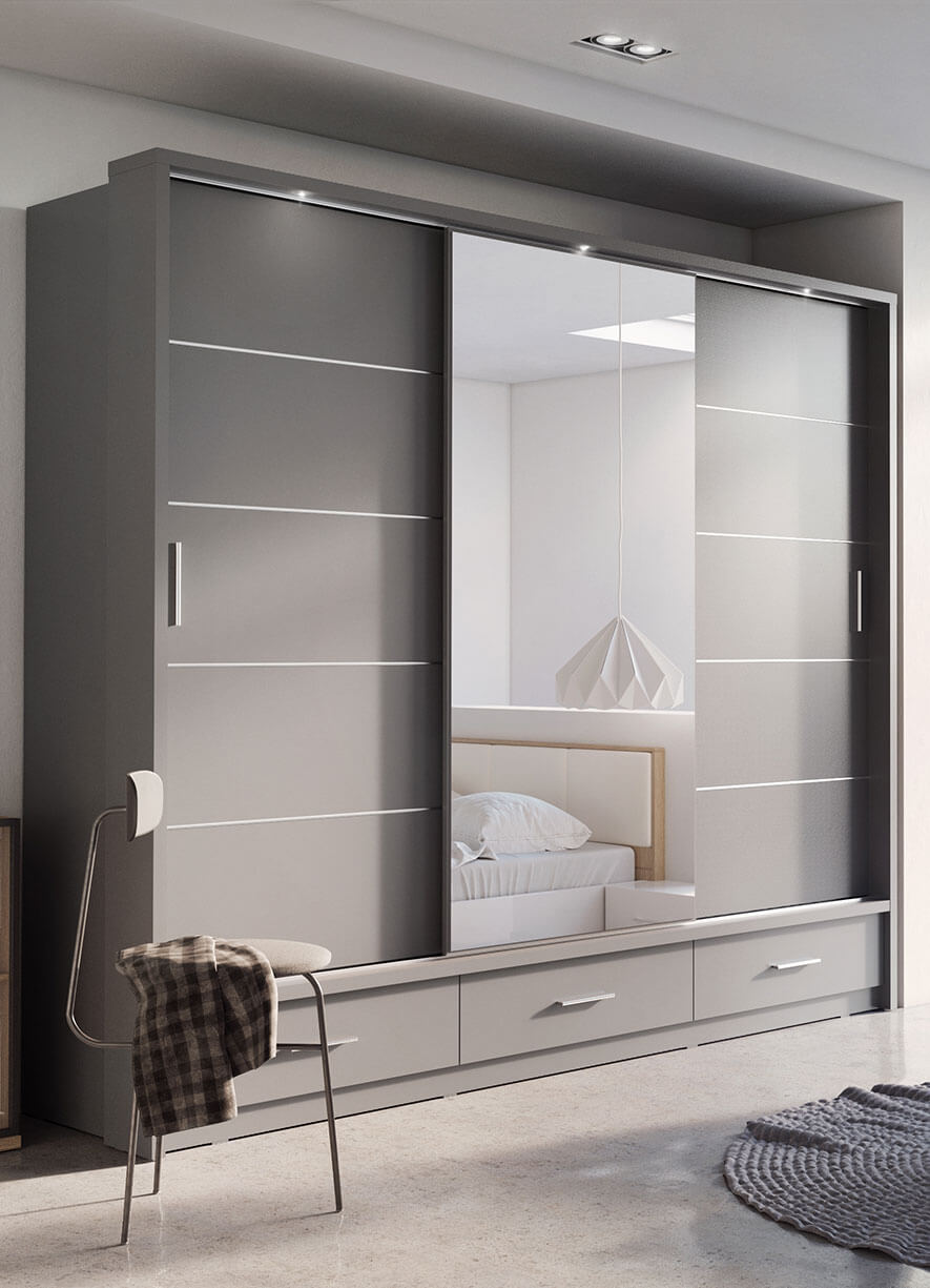 Kleiderschrank A-01, mit Spiegel, LED-Beleuchtung und Schubladen. Farbe wählbar