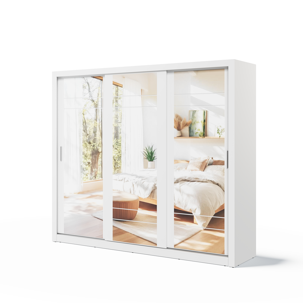 Kleiderschrank A-02, Schwebetürenschrank mit Spiegel. Breite 250 cm. Farbe wählbar