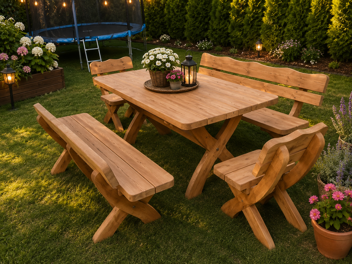 Gartenmöbel OW, Holzgartenmöbel, Tisch 180cm + 2 x Bank + 2 x Stuhl