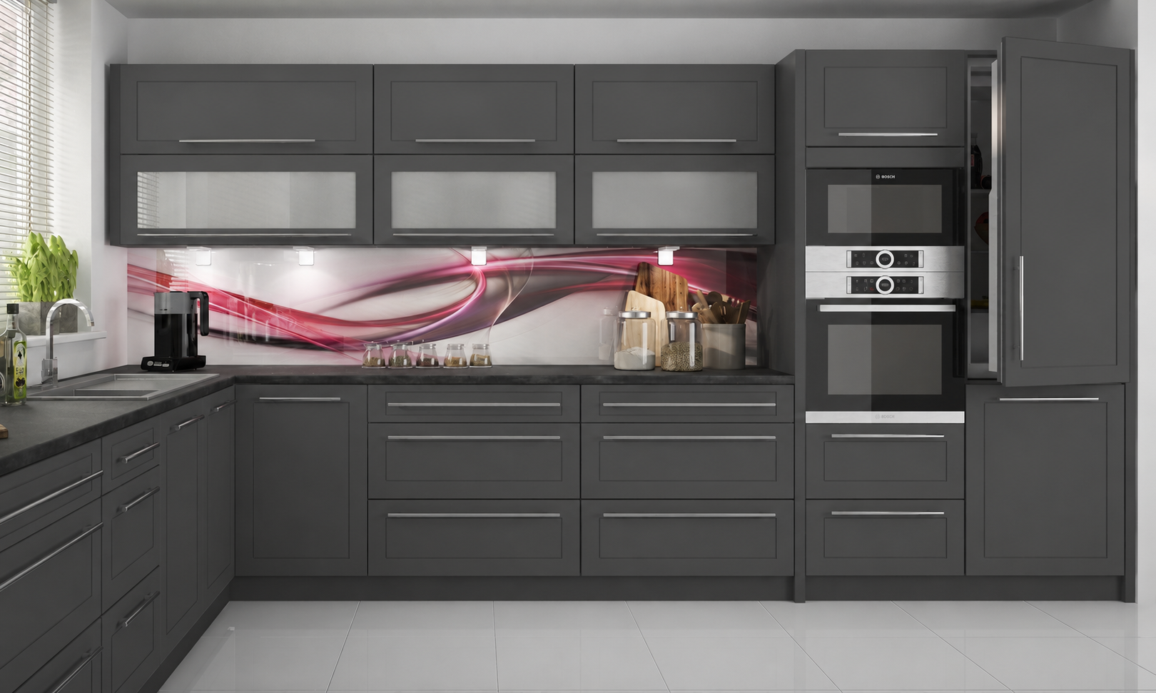 Küchenzeile QU1, L-Form 370x260cm, mit Arbeitsplatte,  Front Farbe Matt, Soft Close System, Farbe wählbar