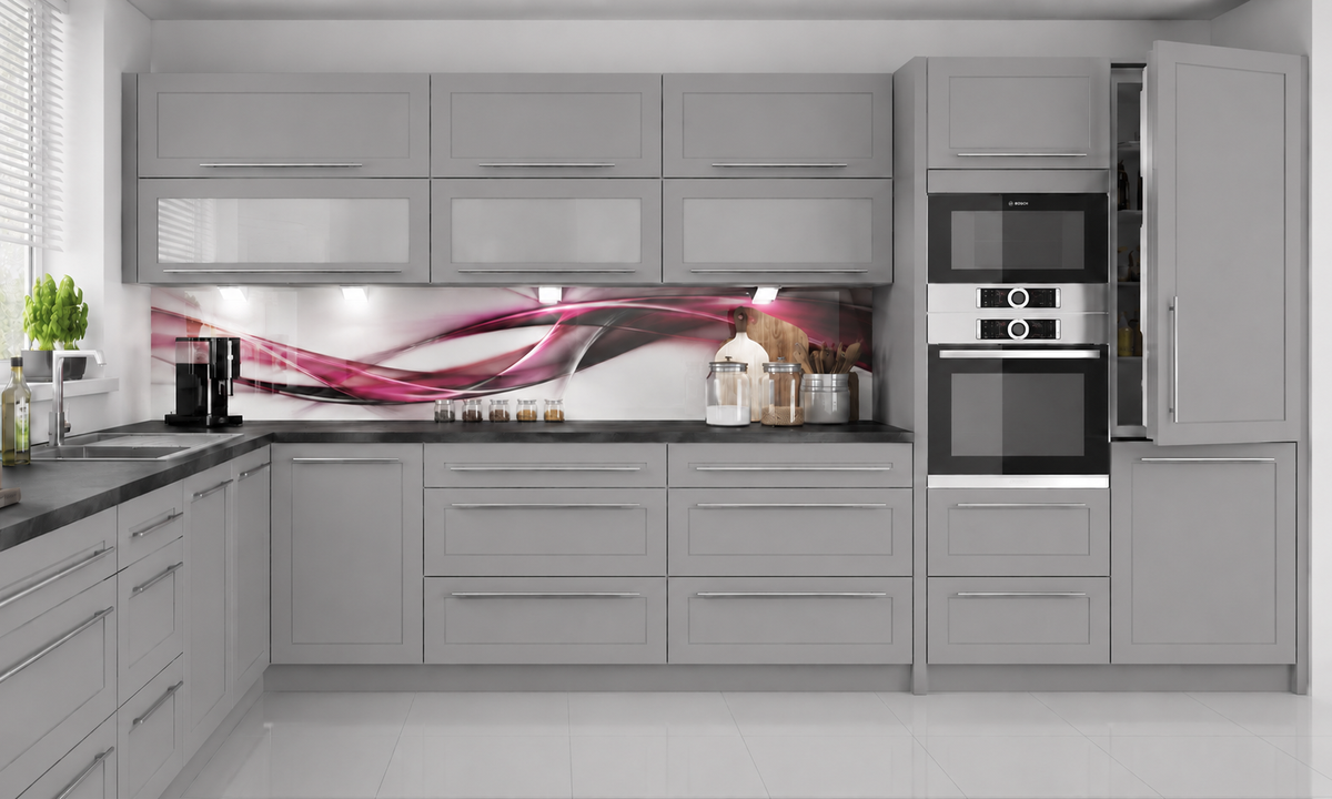Küchenzeile QU1, L-Form 370x260cm, mit Arbeitsplatte,  Front Farbe Matt, Soft Close System, Farbe wählbar