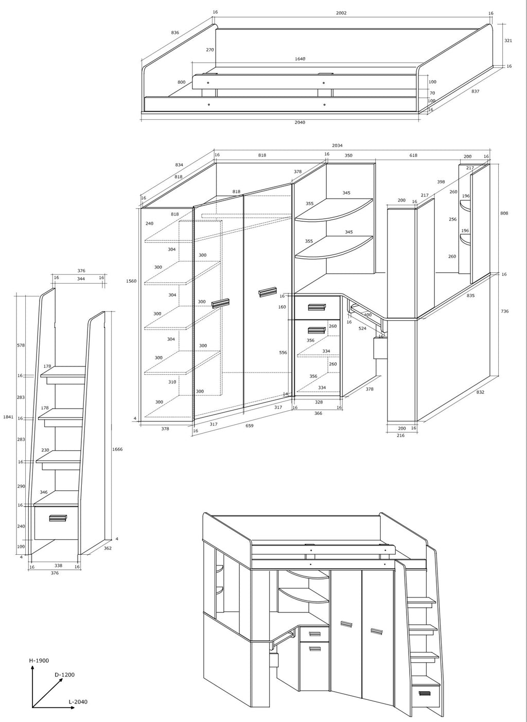 Etagenbett ANT-P mit funktionaler Treppe Rechts, Eckkleiderschrank und Schreibtisch
