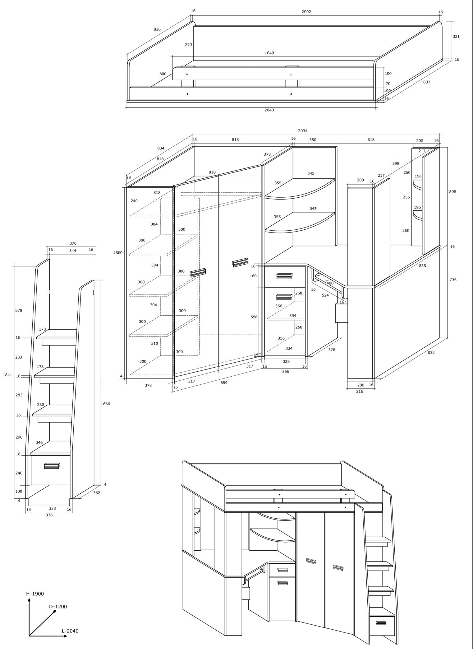 Etagenbett ANT-P mit funktionaler Treppe Rechts, Eckkleiderschrank und Schreibtisch