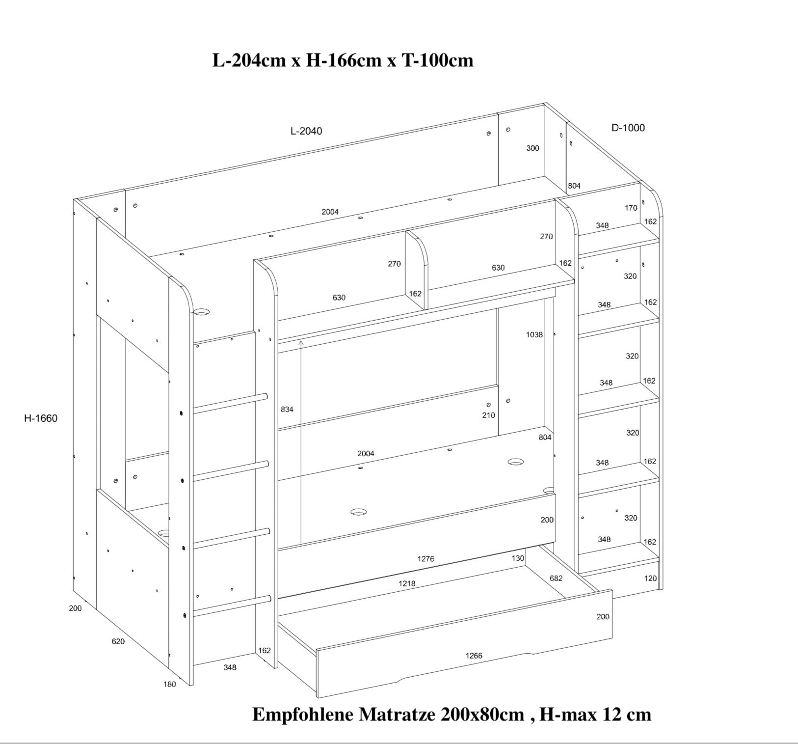 Etagenbett EVE-L für 2 Personen – 2 × 80 × 200 cm mit Schublade und Regalen
