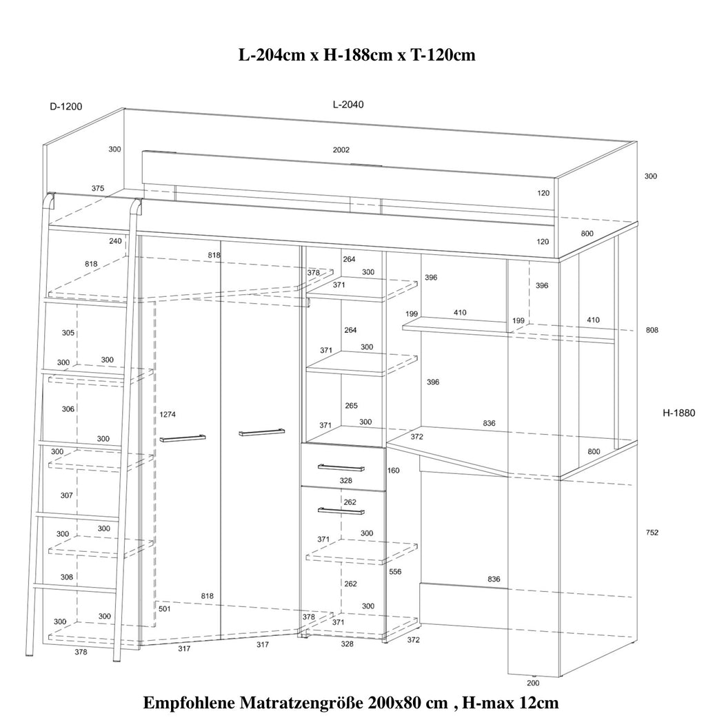 Etagenbett FLO-L mit Leiter  links, Eckkleiderschrank und Schreibtisch