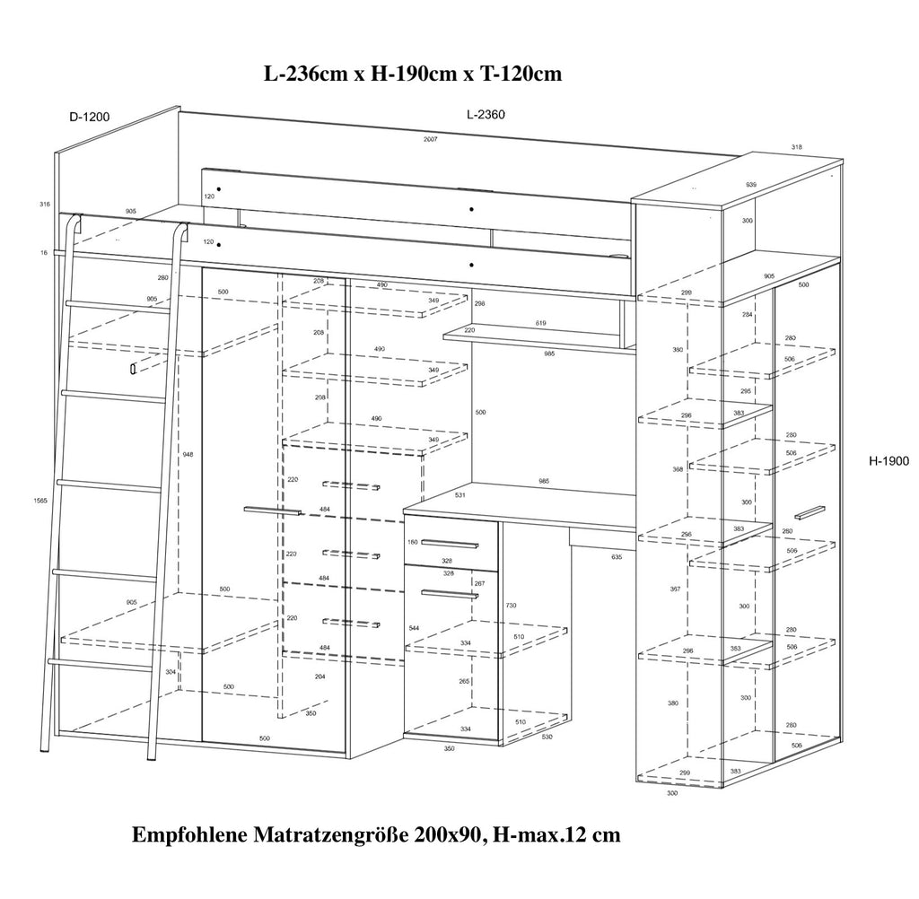 Etagenbett VER-L mit Leiter links, Kleiderschrank, Schreibtisch und viele Regale