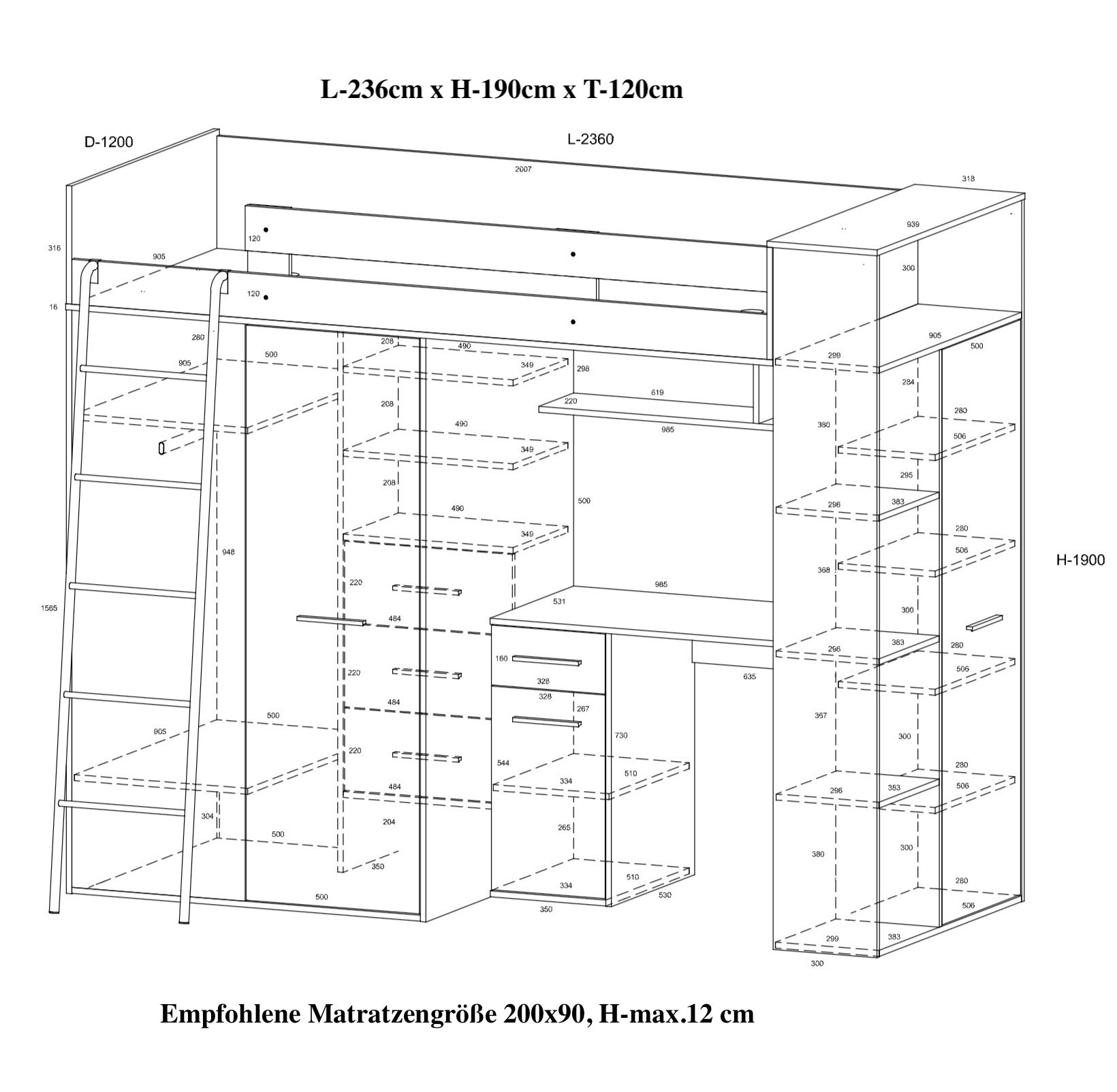 Etagenbett VER-L mit Leiter links, Kleiderschrank, Schreibtisch und viele Regale