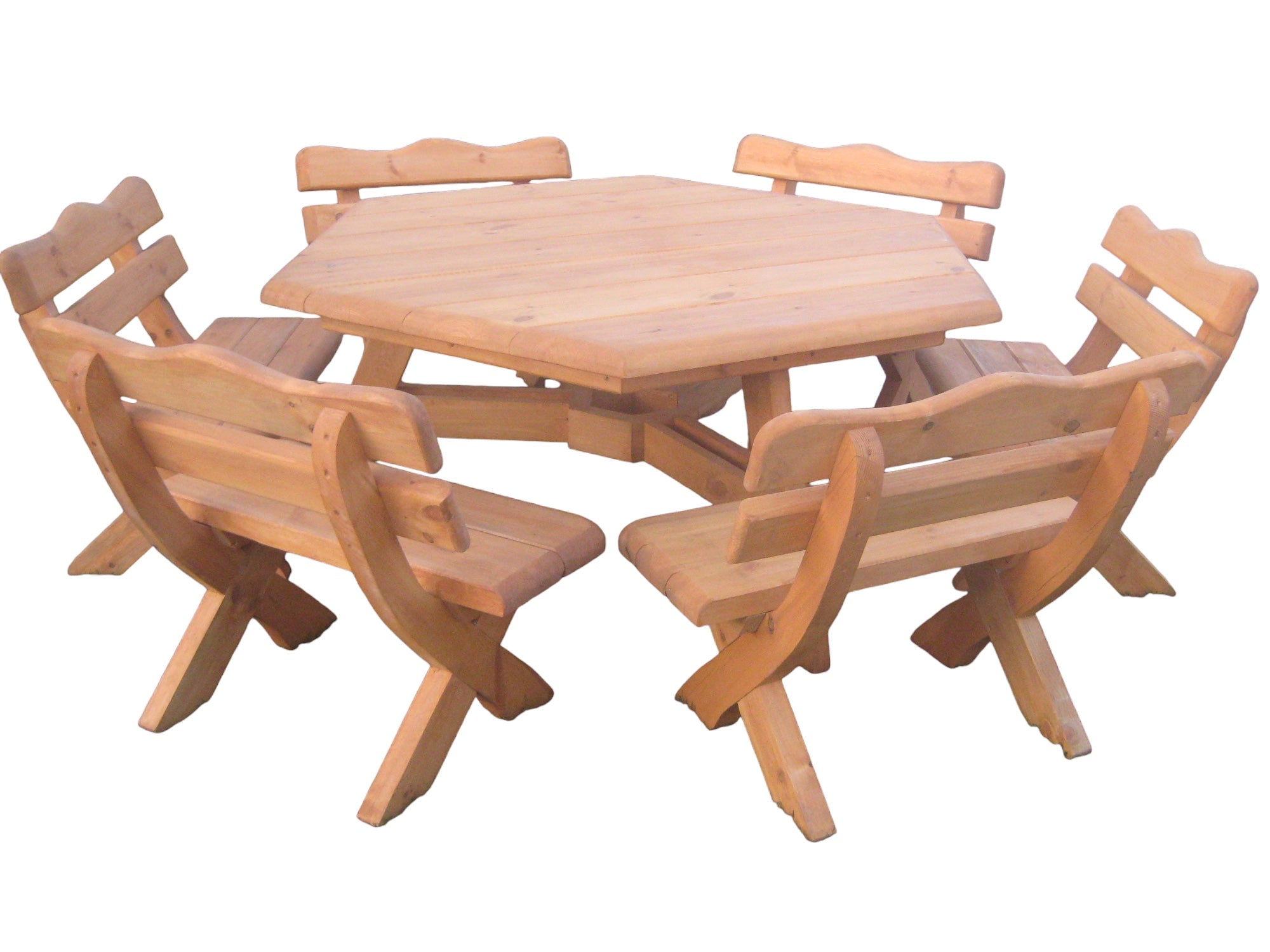 Gartenmöbel S-12NH, Tisch mit 6 Kleinen Bänken, Für 12 Personen, Farbe Naturholz