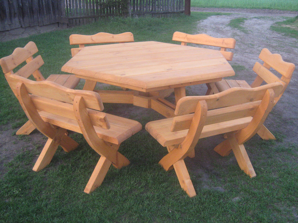 Gartenmöbel S-12NH, Tisch mit 6 Kleinen Bänken, Für 12 Personen, Farbe Naturholz