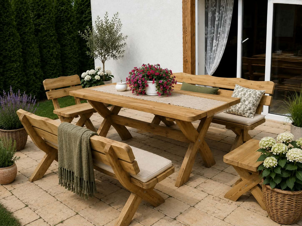 Gartenmöbel IM, Holzgartenmöbel, Tisch 180cm + 2 x Bank + 2 x Stuhl