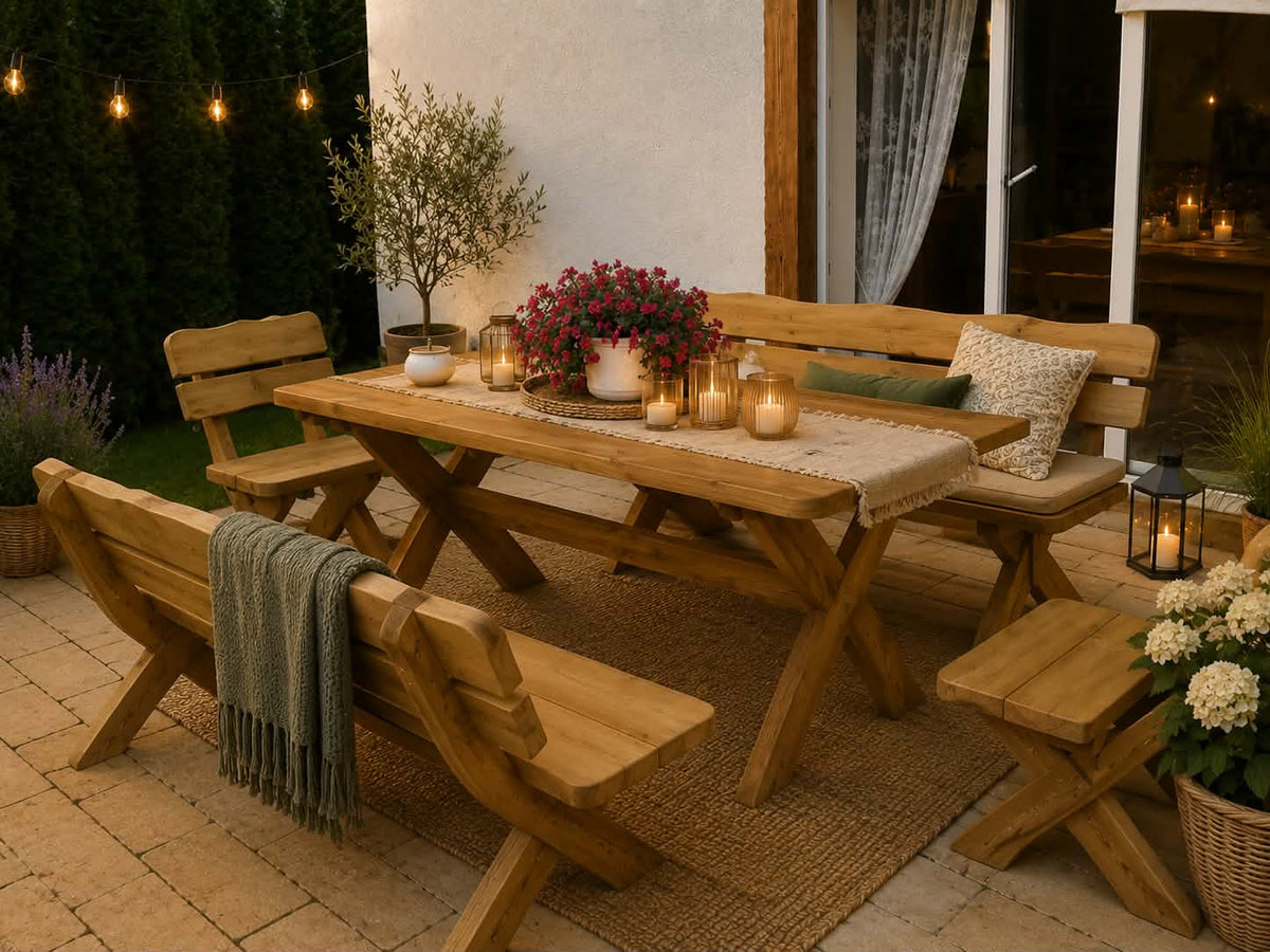 Gartenmöbel IM, Holzgartenmöbel, Tisch 180cm + 2 x Bank + 2 x Stuhl
