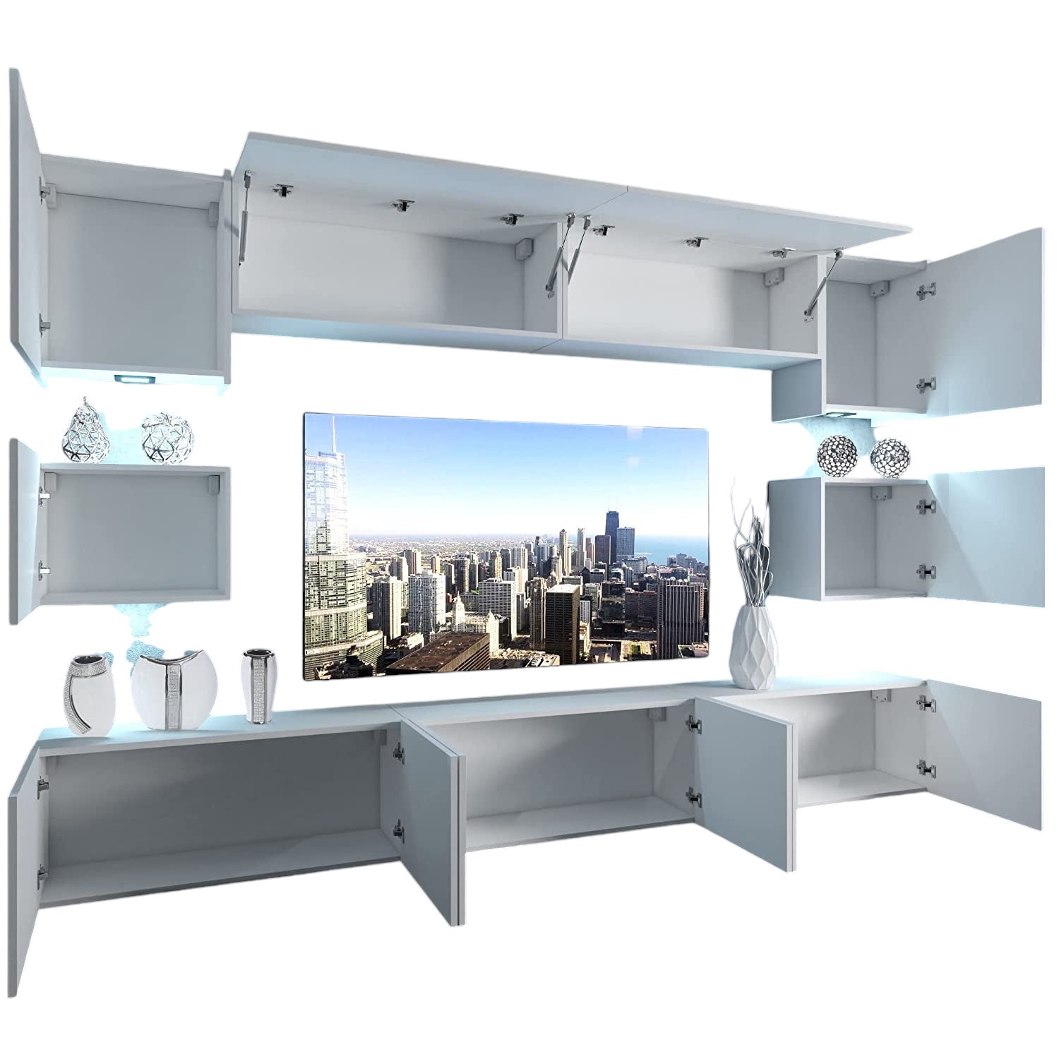 Wohnwand 3W-A mit LED Beleuchtung, Ohne Griffe. Breite 300 cm, Farbe Weiß