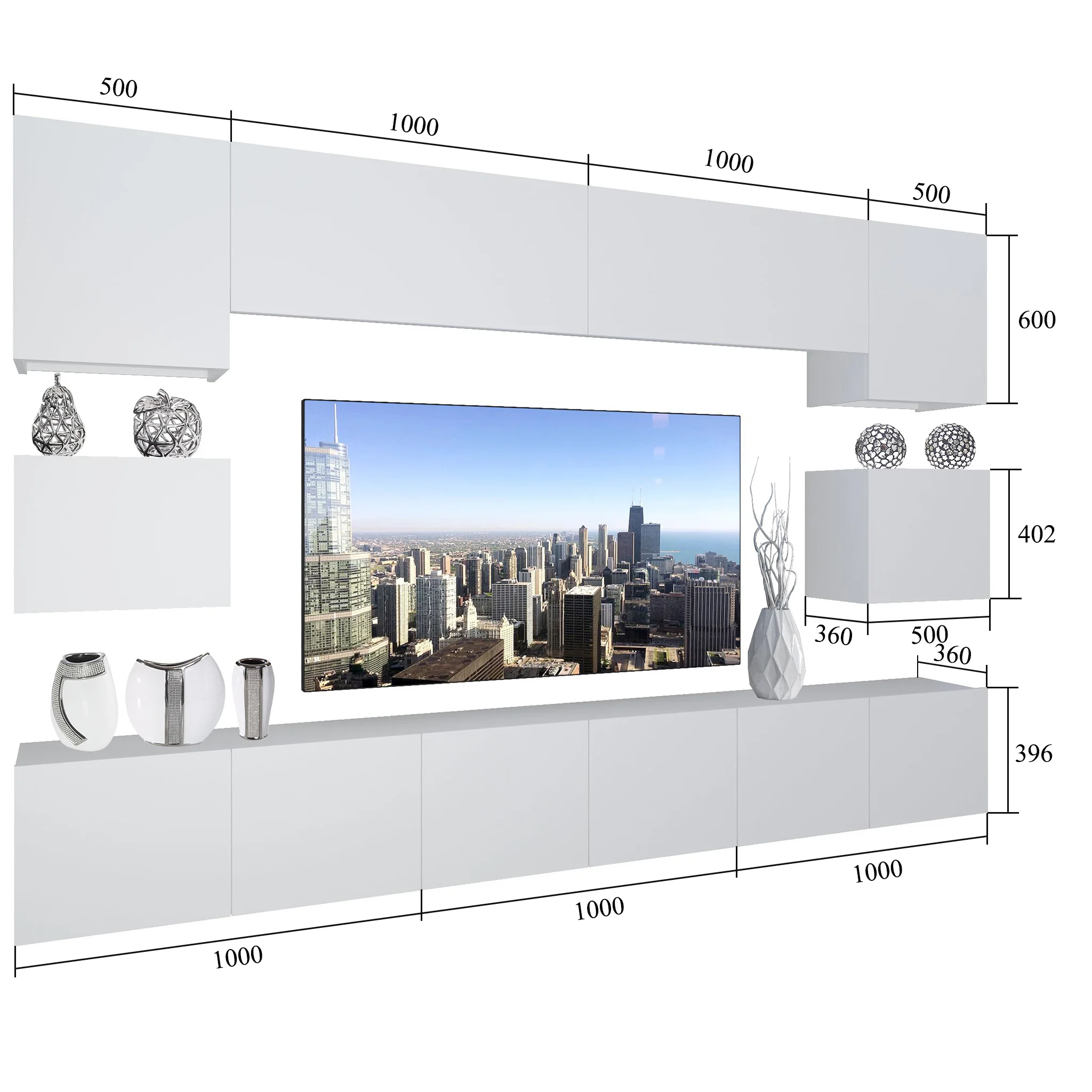 Wohnwand 3 mit LED Beleuchtung, Ohne Griffe. Breite 300 cm, Frontfarbe wählbar
