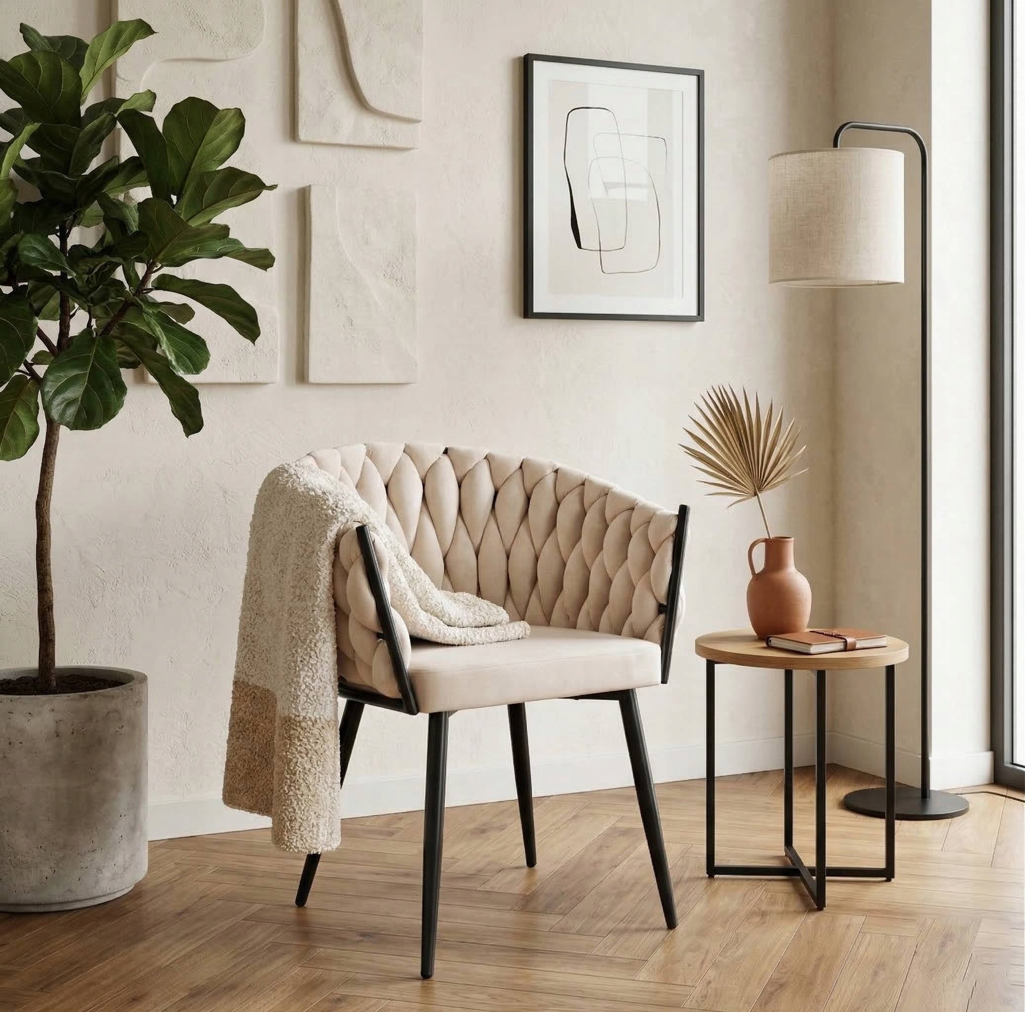 Samtbezogener, geflochtener Sessel K7B  für das Wohnzimmer, verschiedene Farben