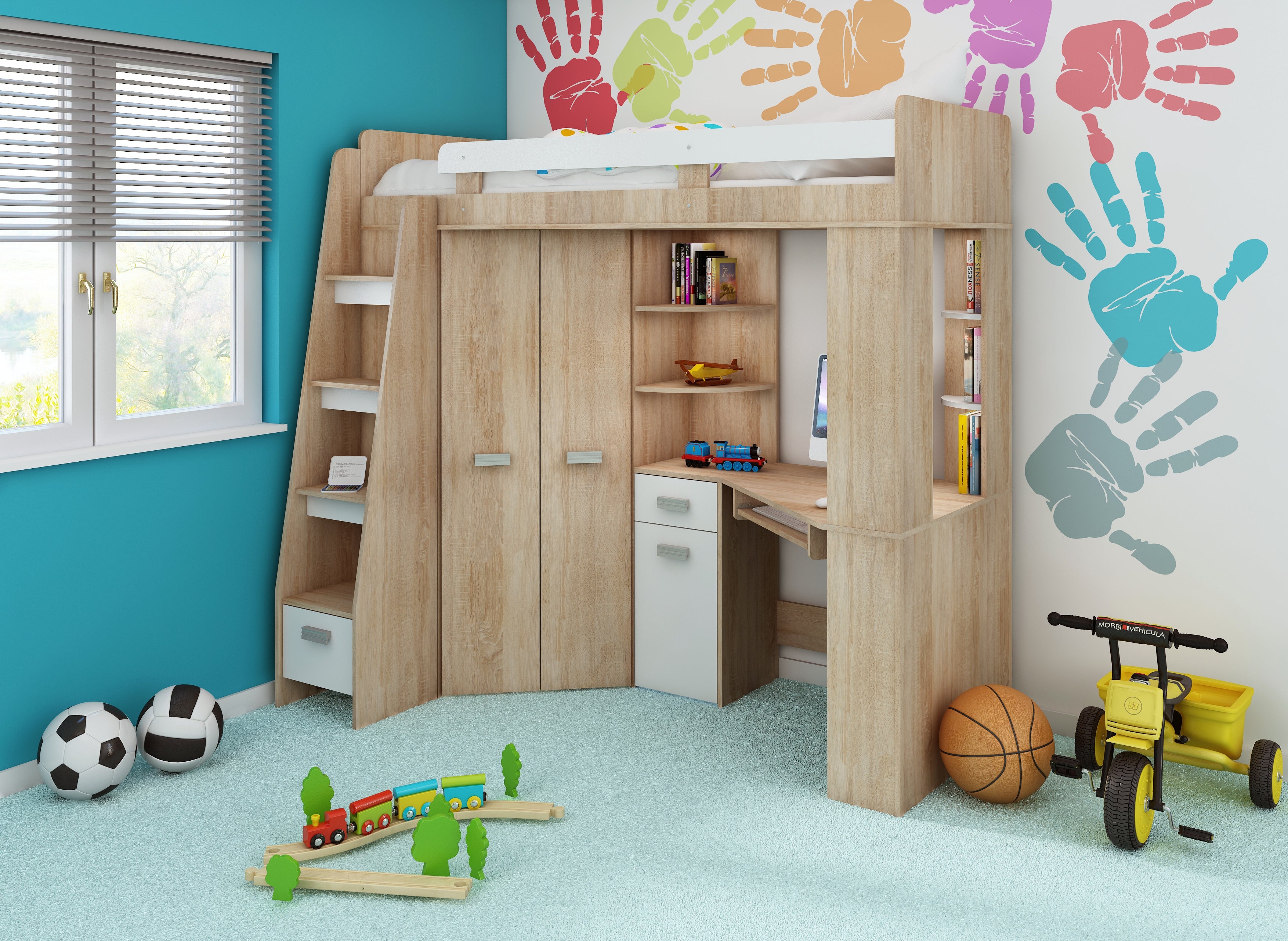 Etagenbett ANT-L mit funktionaler Treppe links, Eckkleiderschrank und Schreibtisch
