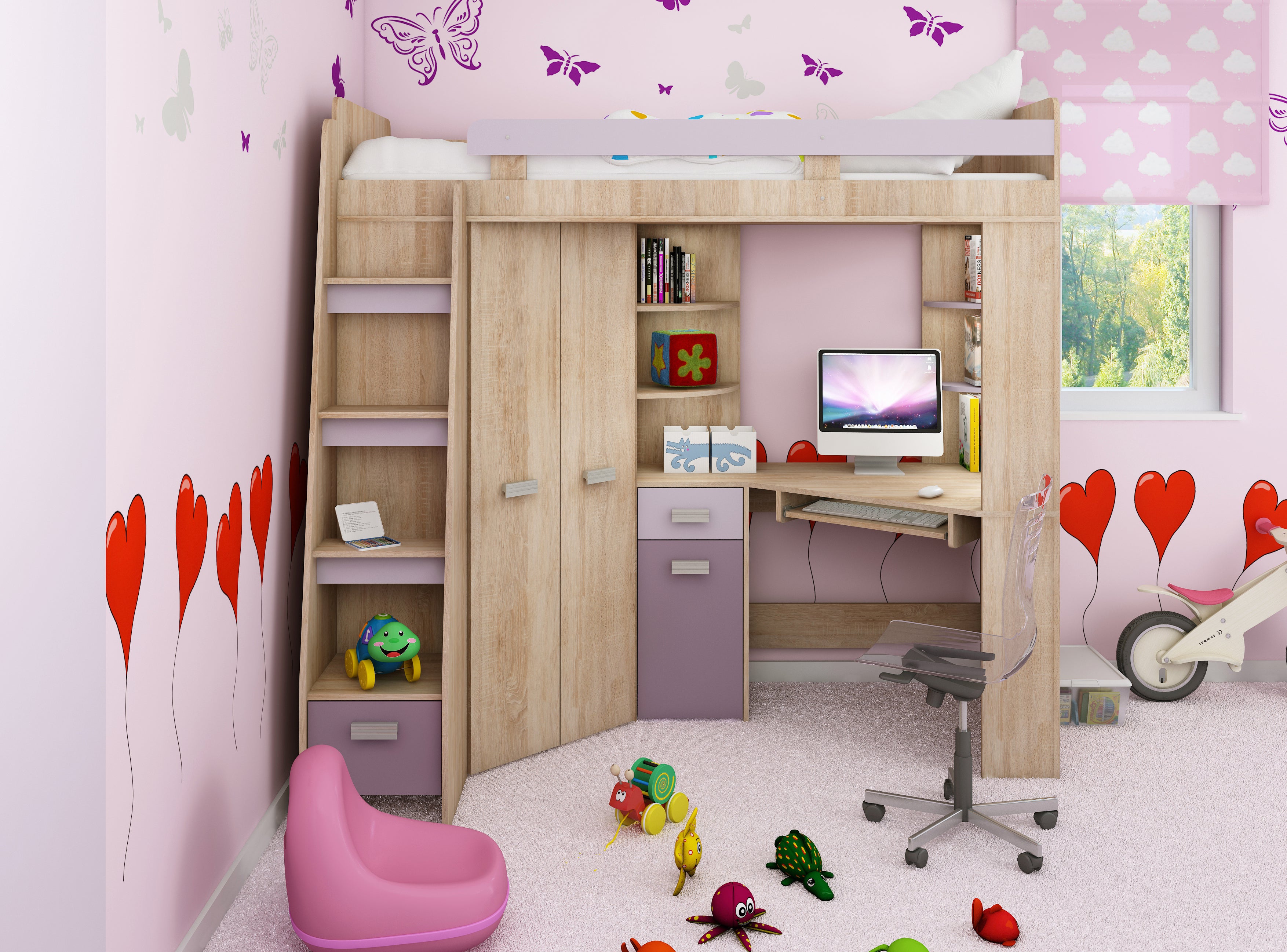 Etagenbett ANT-L mit funktionaler Treppe links, Eckkleiderschrank und Schreibtisch