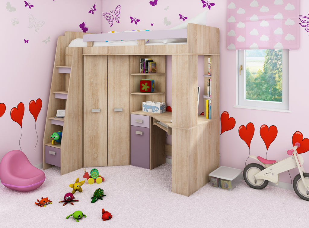 Etagenbett ANT-L mit funktionaler Treppe links, Eckkleiderschrank und Schreibtisch