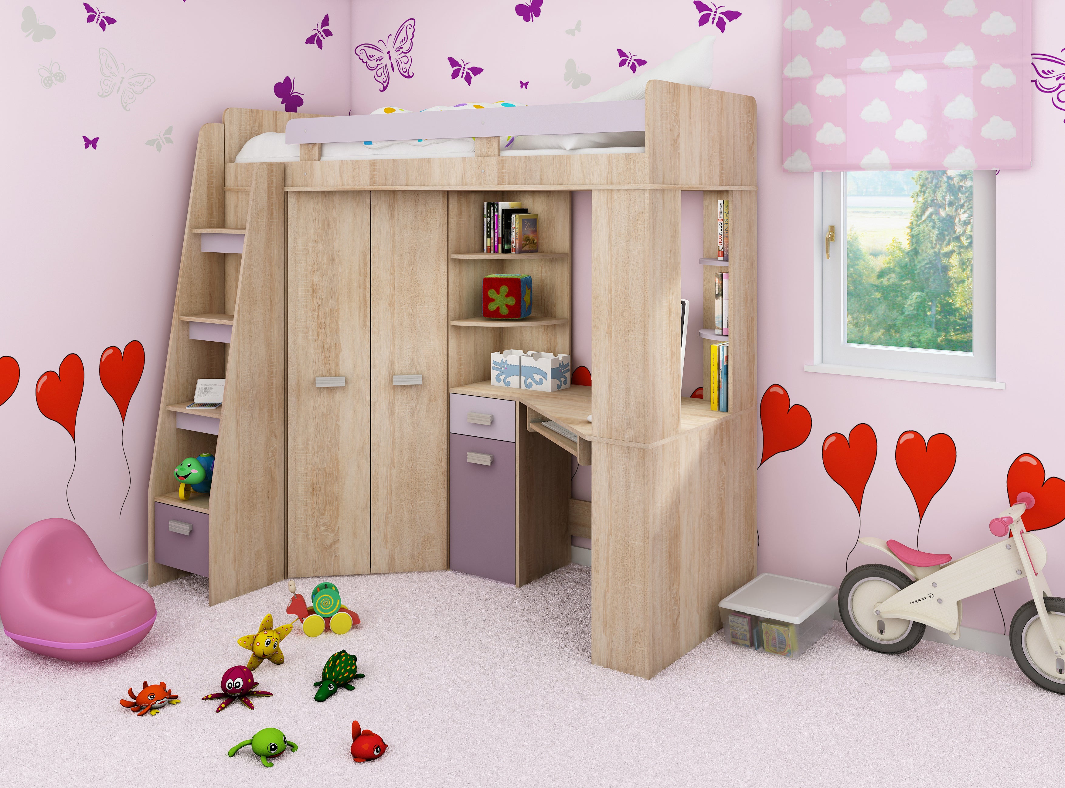 Etagenbett ANT-L mit funktionaler Treppe links, Eckkleiderschrank und Schreibtisch
