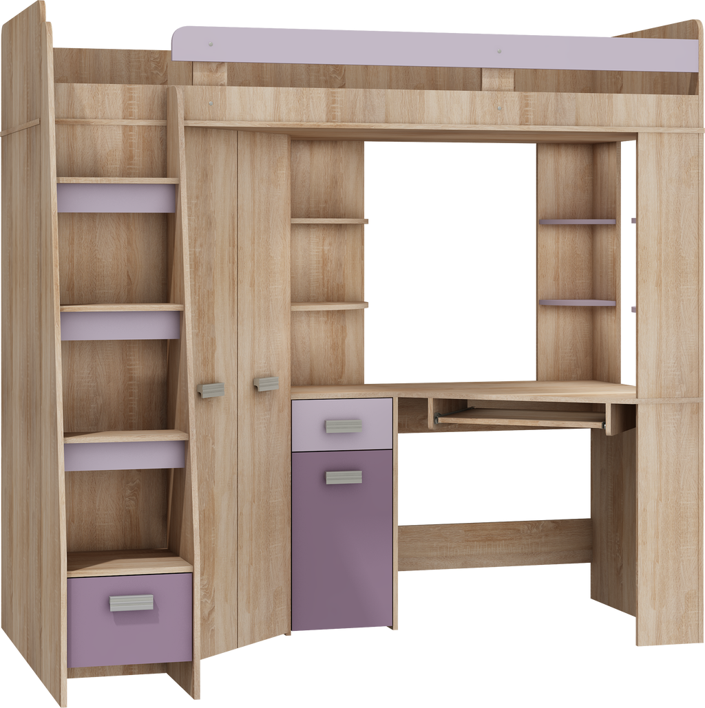 Etagenbett ANT-L mit funktionaler Treppe links, Eckkleiderschrank und Schreibtisch