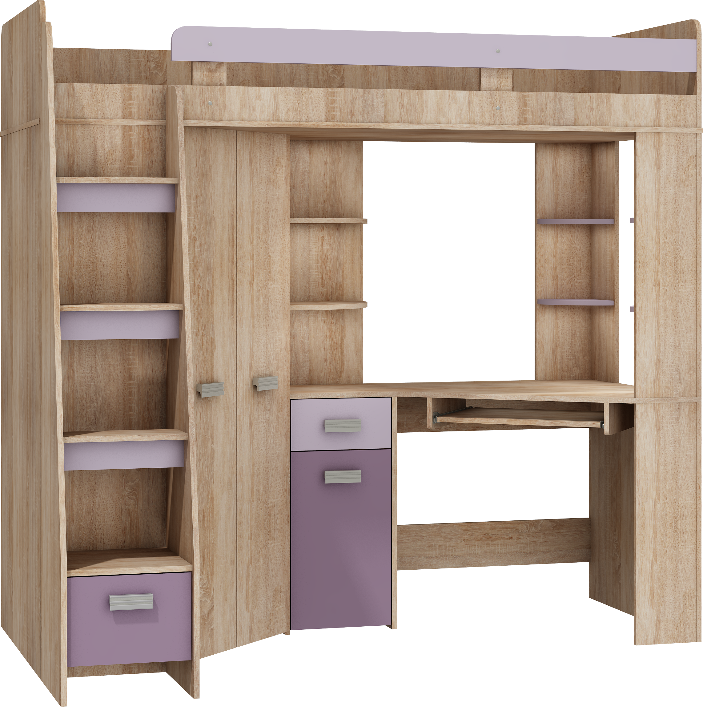 Etagenbett ANT-L mit funktionaler Treppe links, Eckkleiderschrank und Schreibtisch