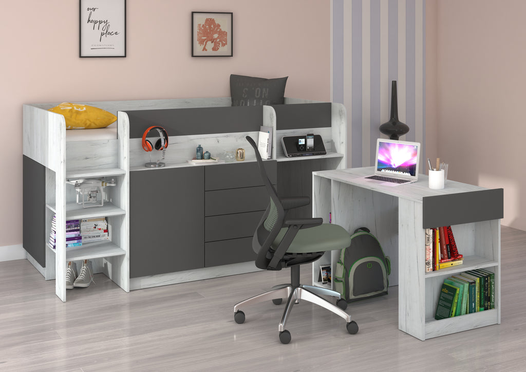 Etagenbett SMI-L mit Treppe links, Ausziehbarer Schreibtisch und kleiner Schrank