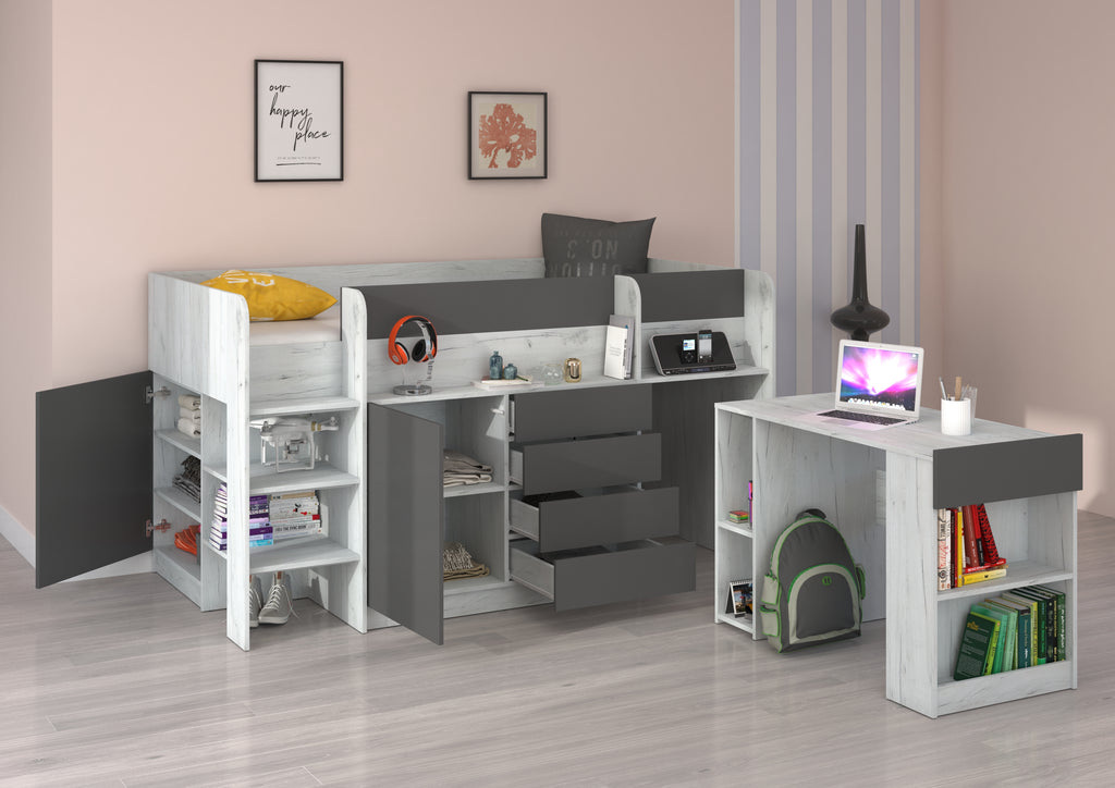 Etagenbett SMI-L mit Treppe links, Ausziehbarer Schreibtisch und kleiner Schrank
